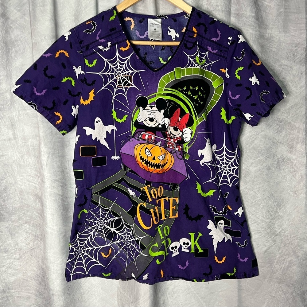 Disney Mickey & Minnie Mouse Halloween Too Cute To Spook Purple Scrubbing Top - Picture 8 of 13